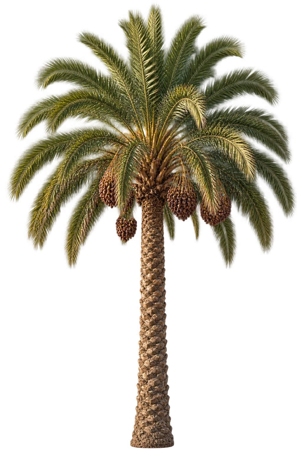 A date palm with green fronds and hanging clusters of dates