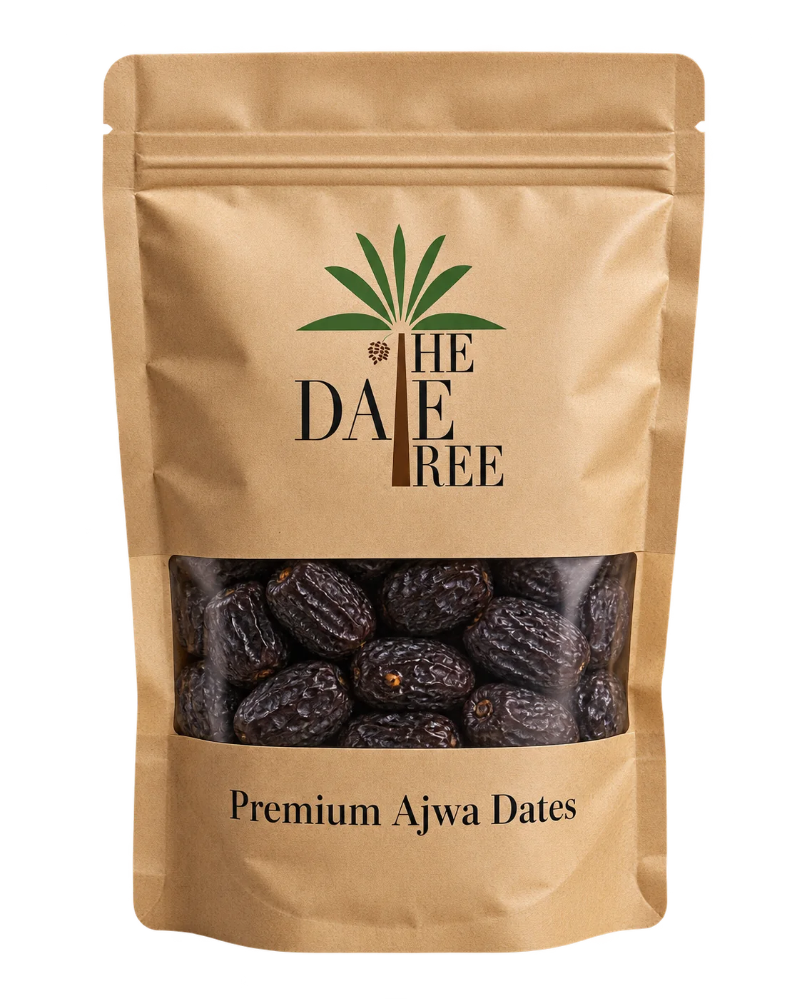 A kraft The Date Tree pouch of Premium Ajwa Dates